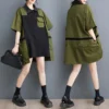 #3448 Spliced Color Shirt Dress Women Short Sleeve Loose Polo Neck Mini Dress Pockets Irregular Short Dress Ladies Korean Style - Image 3