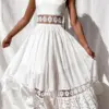 White Lace Long Dresses Women Summer Sleeveless Backless Cotton Dress Elegant Fashion Casual Hollow Out Big Swing Beach Sundress