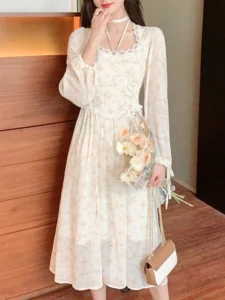 Elegant Women's Y2K Midi Dress Korean Fashion Sweet Retro Flower Party Full Sleeve Dress Perfect Spring Casual Lace Dresses - Image 6