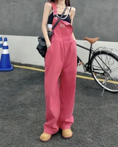 SM jeans womens 2022 Summer Preppy Style loose Girls Pink wide leg trousers jumpsuit korean casual denim overalls womens (78891 - Image 2