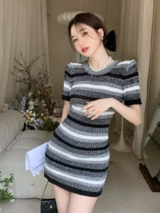 Summer New Korean Stripe Casual Dress Women Knitted Short Sleeve Chic Spicy Girl Slim Fit Dress Vestidos - Image 3