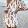 Foridol One Shoulder Tree Printed Loose Casual Summer Dress Women Lantern Sleeve Fashion Beach Short White Vestidos Sundress