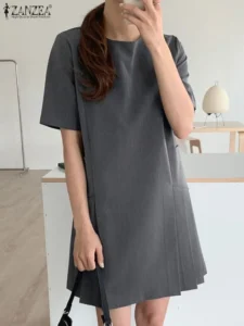 Korean Fashion Women Summer Sundress Elegant Short Sleeve Pleated Dress ZANZEA 2024 Casual Solid Knee-length Party Vestido Robe - Image 2