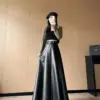 Women Black Elegant Party Pleated Long Skirt Fall Winter French Leisure Retro Brown High Waist Slim Pu Leather Half Length Skirt