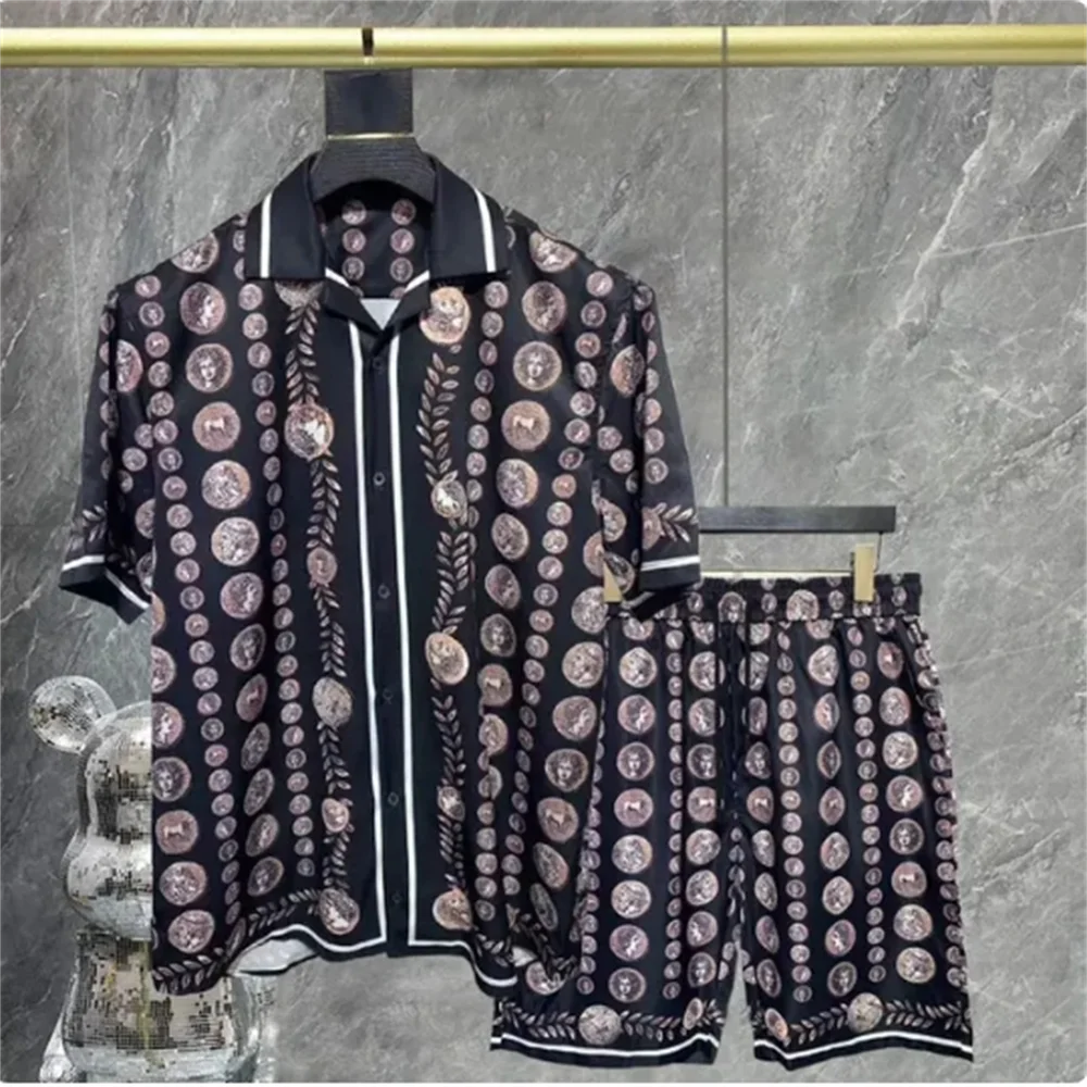 Floral Colorblock Portrait Print Short-sleeved Shirt Set Short Top For Men Casual Set High Quality Lapel Streetwear Shirt Suit - Image 5