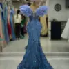 Aso Ebi Long Blue Ruffles Mermaid Evening Dresses for Black Girls Glittering Pearls Beaded Formal Gowns Women Wedding Guest Wear