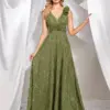 XUIBOL Elegant V Neck Green Floral Evening Dress Long 2024 Luxury Women Chiffon Sleevesless Party Dress Prom Cocktail Dress