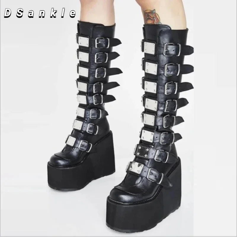 Brand New Ladies Motorcycle Boots Girl Black Punk Style Wedge High Heel Shoes Autumn Winter Gothic Design Platforms Woman Boots