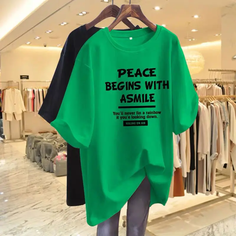 2024 Summer New Fashion Casual Loose Tops Women O-Neck Basic T-Shirts Lady Short Cotton All-match Letter Printing Solid Tees