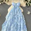 Elegant Chiffon Blue Dresses Women Diamond Studded Sleeveless Ruffled Long Dresses Ladies Vintage Slim A-line Beach Long Robe