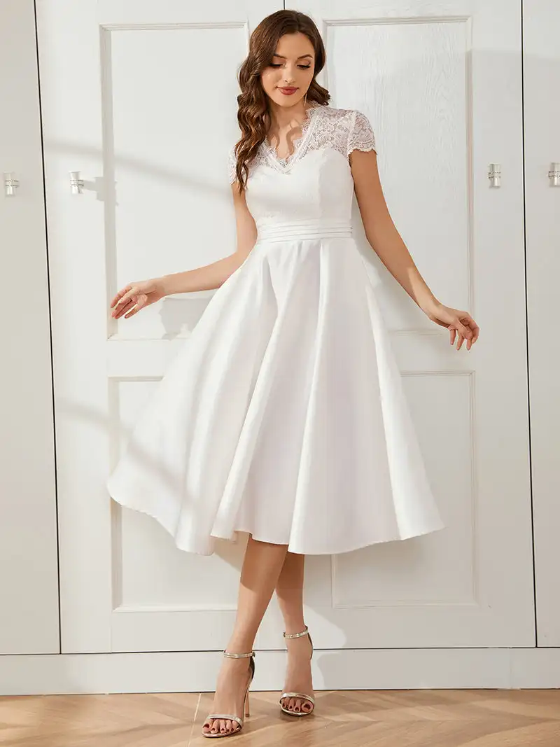 Elegant Evening Dresses V-neck Women's Short Sleeves Knee-Length 2024 Ever pretty of Lace A-line White Cocktail Dresses