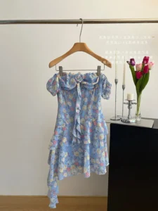 Harajuku Sweet Floral Dress Banquet Blue A-Line Dress Romantic Coquette One-Piece Frocks Puff Sleeve Gyaru Tide Spring Summer - Image 2