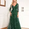 XUIBOL Elegant Green Sexy V-Neck Floral Evening Dress Long 2024 Luxury Women Long Sleeve Party Prom Sequin Cocktail Dress Gown