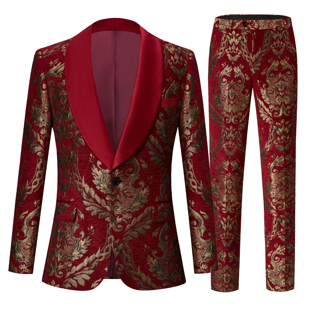 Mens Claret Red Suits Groom Wedding Tuxed Business Prom Dress Tuxedo Floral Blazer Slim Fit Groomsmen Party Costume Homme