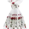 Tonval Rose Floral Embroidered V-Neck Elegant Party Dress Pleated Mesh Overlay Women Short Sleeve Vintage Summer Dresses