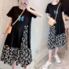 Casual Korean Spliced Printed Dresses Women's Clothing Fashion Asymmetrical Summer O-Neck Short Sleeve A-Line Loose Midi Dress - Image 6