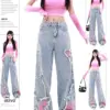 Women's Blue Baggy Butterfly Jeans Vintage Cowboy Pants Harajuku Denim Trousers Aesthetic Y2k Oversize Trashy 2000s Clothes 2024