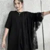 [EAM] Women Black Lace Spliced Big Size Casual T-shirt New Round Neck Short Sleeve Fashion Tide Spring Summer 2024