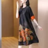 Women Korean Vintage Print Silk Midi Dress 2024 Fashion Elegant Loose Waist Porm Dress Spring Summer Chic Casual Party Vestidos - Image 2