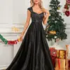 Lucyinlove Elegant Sequins Black Formal Evening Dress For Women 2024 Luxury U-neck Satin Prom Floor Length Cocktail Party Dress