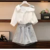 Summer Single/Suit Women's Korean New Arrival Fashion Elegant Off Shoulder Top Loose Slim High Waist Jeans Two Piece Set - Image 2