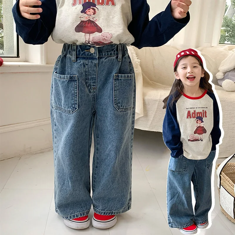 Childrens Jeans Girls Pants 2023 Comfortable Fashion Autumn Childrens Wear Boy Korean style of Wide-leg Pants Baby Pants