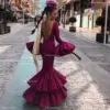 Burgundy Mermaid Spanish Style Prom Dresses Fairy Long Sleeve Tiered Ruffles Flamenco Dancing Evening Gowns vestido flamenca