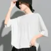 [EAM] Women Pleated Irregular Big Size Casual T-shirt New Round Neck Three-quarter Sleeve Fashion Spring Autumn 2024