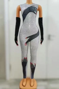 Black Hands Touch Shinny Body Sexy Women Jumpsuit Carnival Cosplay Female Bodysuit with Gloves Beyonce Dress Stage Wear Heishou - Image 6