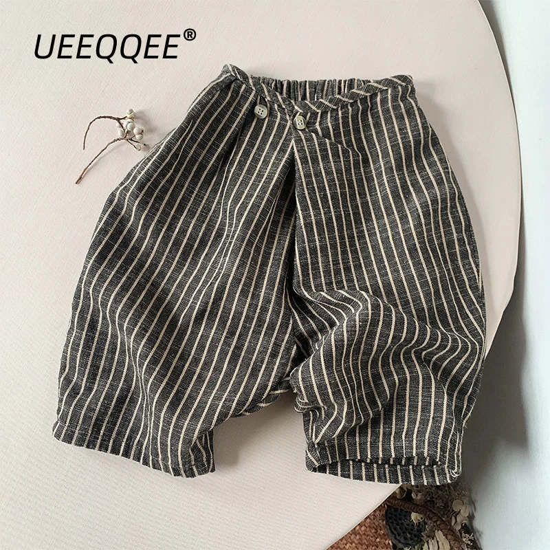 Cotton Linen Striped 2024 Spring Autumn New Children Wide leg Pants Casual Boys Trousers Toddler Kids Wear Clothing For 1-8Y
