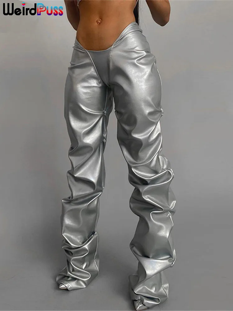 Weird Puss V-Shaped Low Waist Y2K Pants Women 2021 Fashion Stacked Faux Leather Trousers Casual Wild Hot Street Skinny Bottoms