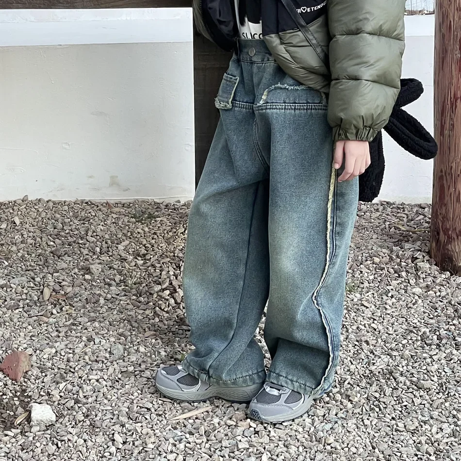 Children Woolly Jeans Boys and Girls Wide-leg Pants 2023 New Fashionable Casual Simple Warm Kids Casual Fleece Pants