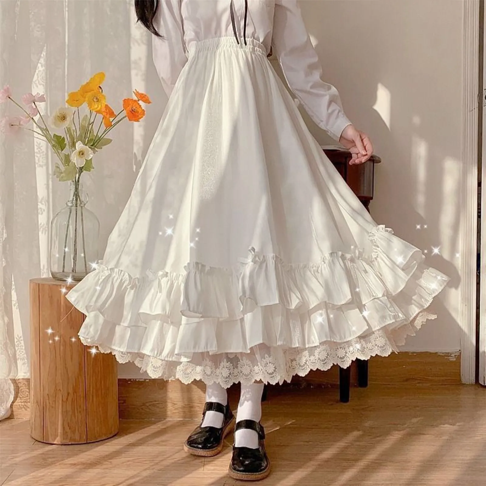 Japanese Ruffled Hem White Skirt Y2K Clothes Women Lolita High Waist Pleated Skirt Women's Gothic Double Layer A Line Skirt