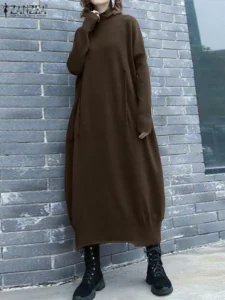 ZANZEA Oversize Hooded Midi Dress Women Long Sleeve Korean Autumn Casual Loose Long Robe Streetwear Turtleneck Knitted Dress - Image 2