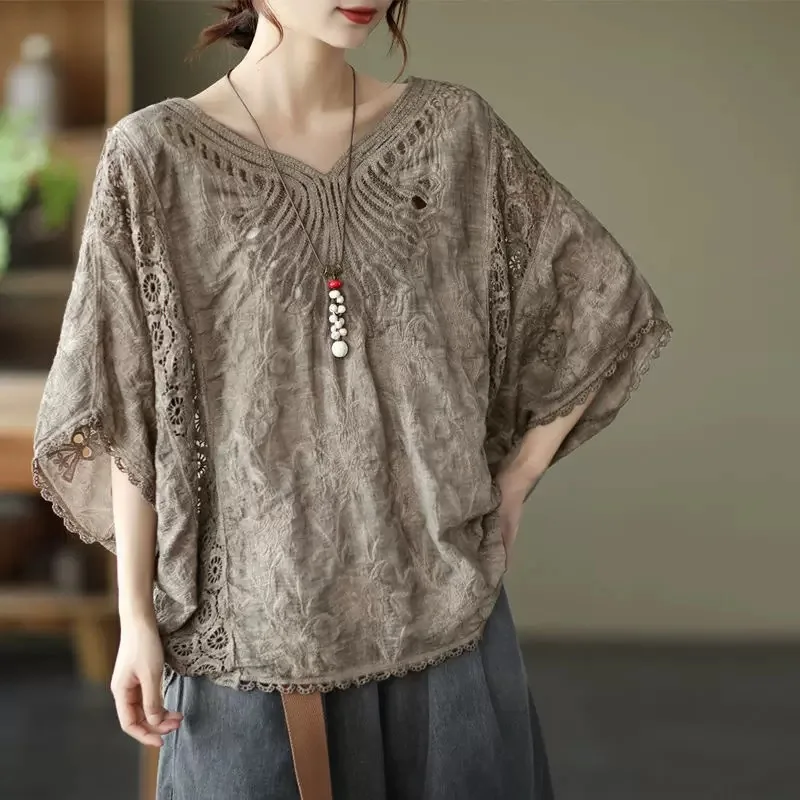 Summer Women's Cotton Hollowed Out Lace Embroidery V-neck Half Sleeved T-shirt Loose Oversized Sun Protection Overlay Tops