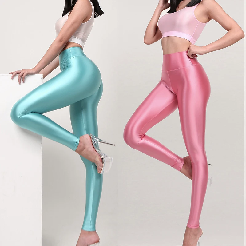 Glossy Satin Sexy Tight Leggings Silk High Waist Yoga Sports Pants Plus Size Trousers Women Bottoms