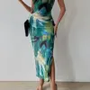 Women’s Sleeveless Dress Strapless Slim Split Hem Flower Print Long Evening Dresses for Summer Party