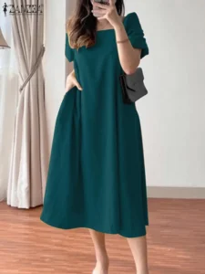 Elegant Short Puff Sleeve A-line Party Vestidos ZANZEA Women Square Neck Midi Dress Korean Fashion Leisure Solid Smock Dresses - Image 2
