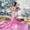 O Neck Crystal Beading Pink Sequin Prom Dresses 2024 Luxury Gown Mermaid Formal Dress For Black Girls 2024 Elegant Dress Evening