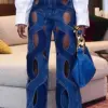 Women's Cut Out Denim Jeans Plus Size High Waist Y2K Fashion Sexy Vintage Casual Spring Fashion Straight Leg Denim Pants Jeans