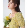 Toyouth Women Dress 2022 Summer Puff Short Sleeves Square Neck A Line Yellow Floral Print Elegant Vintage Dresses - Image 2