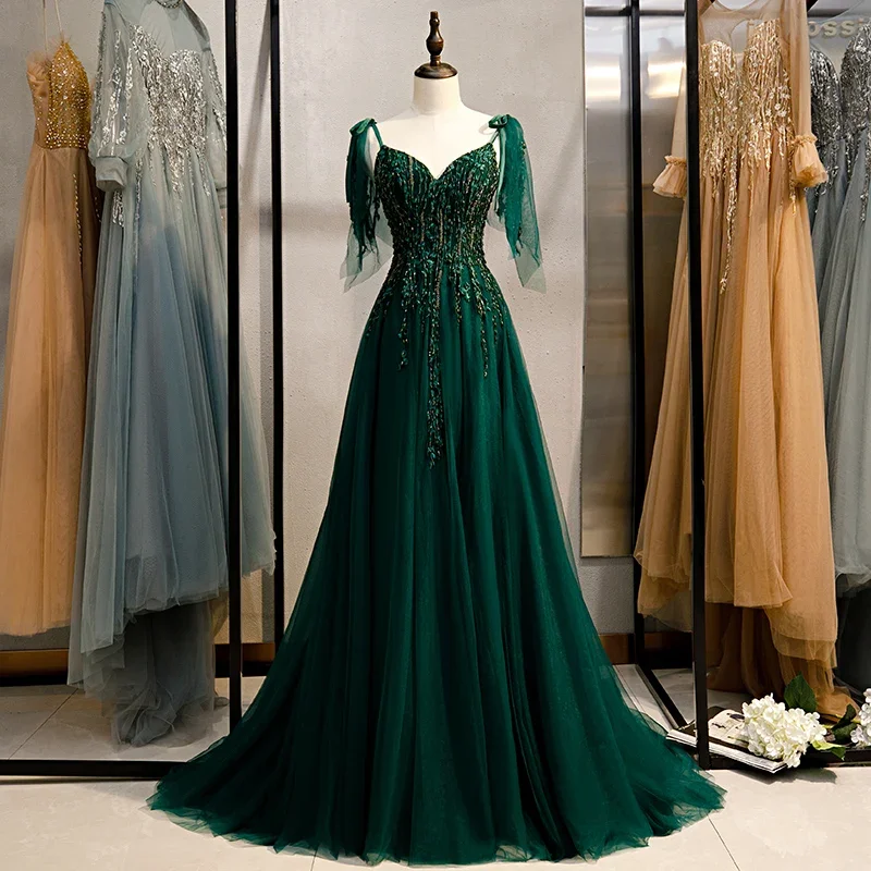 Green Evening Dress V-Neck Sleeveless A-Line Floor-Length Crystal Bling Backless Lace Up Party Formal Gown Woman Plus Size