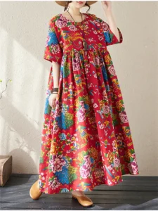2024 Summer Cotton Short Sleeve Vintage Dresses For Women Casual Loose Long Dress Femme Robe Vestidos Elegant Fashion Clothing - Image 6