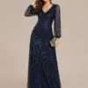 Gorgeous Evening dresses V-neck long sleeve Legant waisted Floor-Length 2024 BAZIIINGAAA of Sequin Navy Blue Guest dress