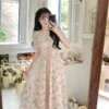 Korean Fashion Summer 2023 Chiffon Lace Fairy Dress Retro Square Neck Crushed Flowers Princess Sleeve High Waist Sweet Dress - Image 3