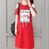 Korean Off Shoulder Stylish Spliced Midi Dress Summer O-Neck Women's Clothing Casual Loose Short Sleeve Chic Drawstring Dresses - Image 5