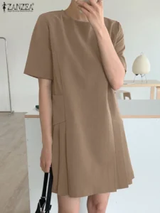 Korean Fashion Women Summer Sundress Elegant Short Sleeve Pleated Dress ZANZEA 2024 Casual Solid Knee-length Party Vestido Robe - Image 3