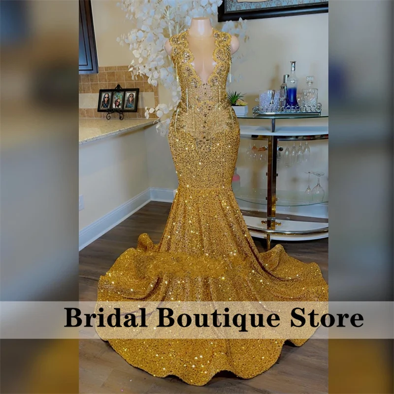 Sparkly Golden Diamonds Prom Dresses For Black Girls Crystal Beading Rhinestones Sequins Tassels Party Dress Wedding Reception