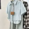 Korean Fashion Short Sleeve Shirt Women 2024 New Cute Crop Top Preppy Button up Shirts Casual Versatile Top