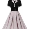 Tonval Black and Polka Dot Vintage Pleated Dresses Notched Collar 2024 Elegant Summer Women Short Sleeve Belted 50s Retro Dress